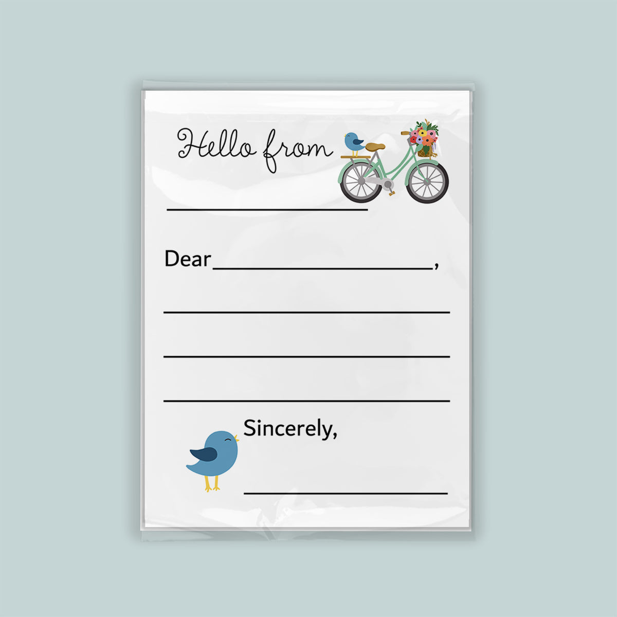 The image is a blank letterhead with a bicycle illustration and a bird illustration. The letterhead has a blank space for the recipient's name and a blank space for the message. The letterhead does not contain any text that can be described in more detail.