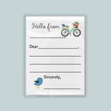 The image is a blank letterhead with a bicycle illustration and a bird illustration. The letterhead has a blank space for the recipient's name and a blank space for the message. The letterhead does not contain any text that can be described in more detail.