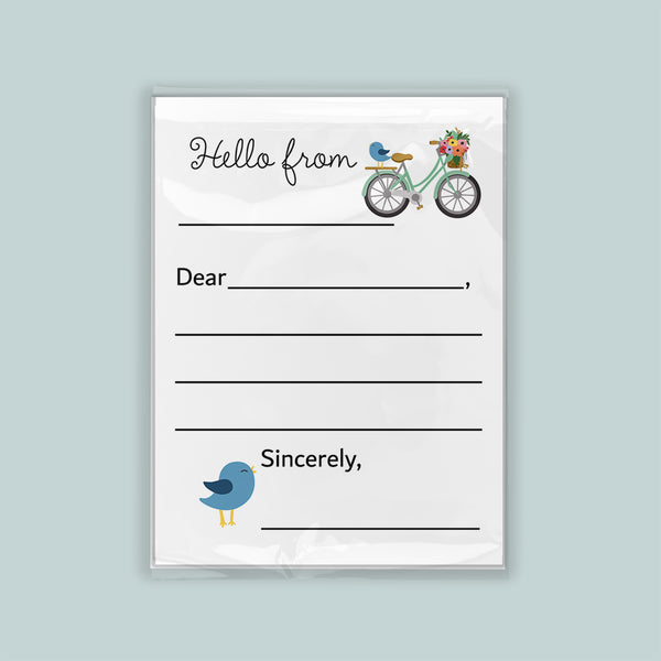 The image is a blank letterhead with a bicycle illustration and a bird illustration. The letterhead has a blank space for the recipient's name and a blank space for the message. The letterhead does not contain any text that can be described in more detail.