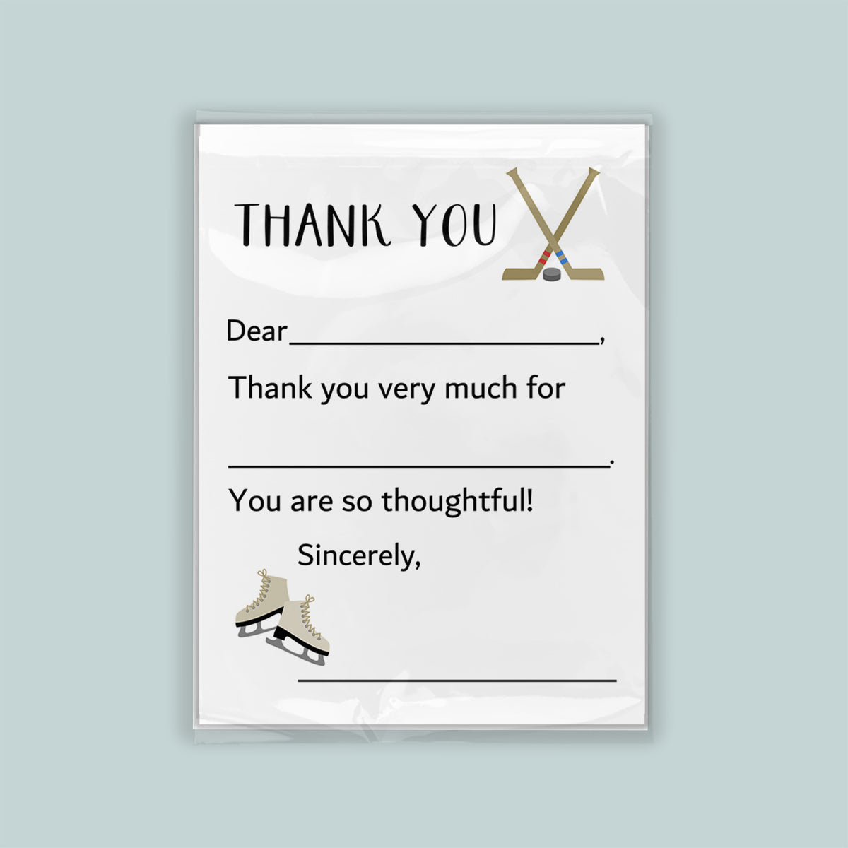 The image is a white thank you card with a hockey stick and skates on the front.