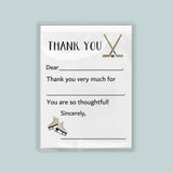The image is a white thank you card with a hockey stick and skates on the front.