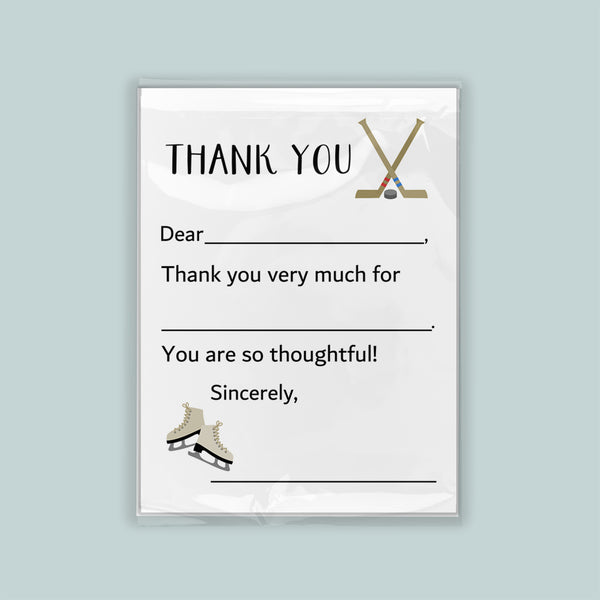 The image is a white thank you card with a hockey stick and skates on the front.