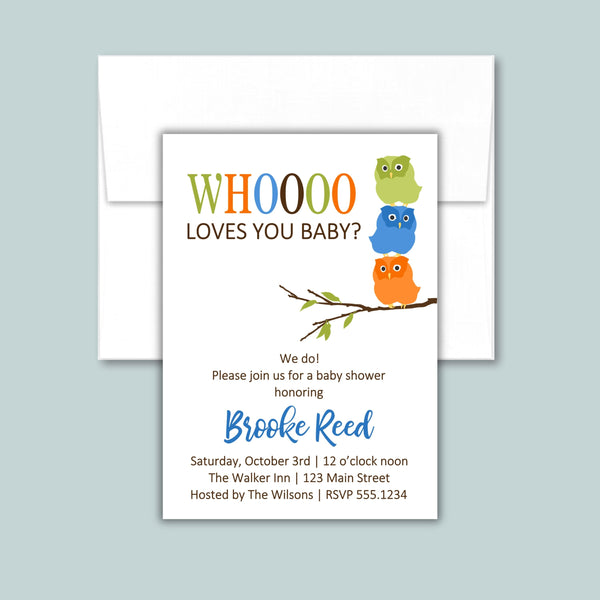 The image is a baby shower invitation featuring a whimsical design with three colorful owls perched on a branch. The invitation invites guests to a baby shower honoring Brooke Reed.
