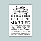 The image is a wedding invitation featuring a bicycle and text inviting guests to a newlywed celebration.