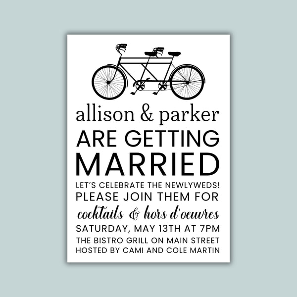 The image is a wedding invitation featuring a bicycle and text inviting guests to a newlywed celebration.