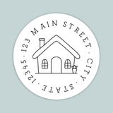 A simple, minimalist house illustration on a circular white background.