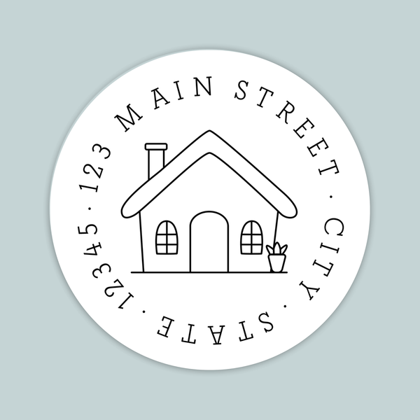 A simple, minimalist house illustration on a circular white background.