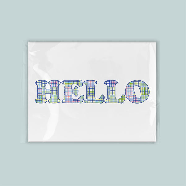 A white background with the word "HELLO" written in a colorful, plaid-like font.
