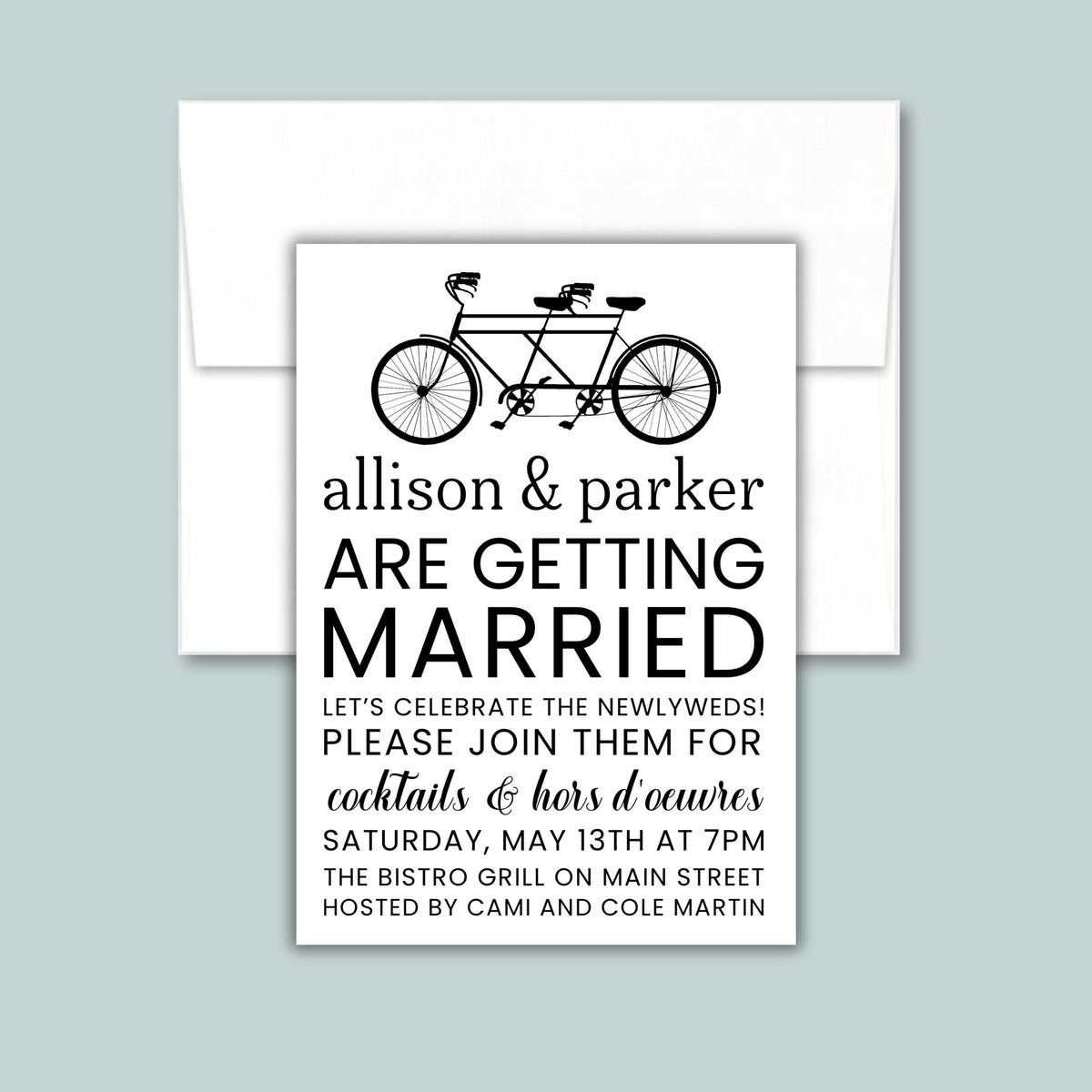 The image is a wedding invitation featuring a bicycle graphic and text.