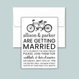 The image is a wedding invitation featuring a bicycle graphic and text.