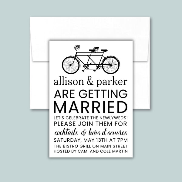 The image is a wedding invitation featuring a bicycle graphic and text.