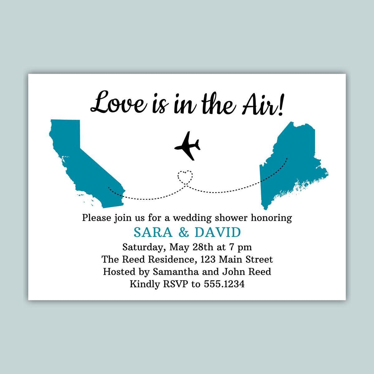 The image is a wedding invitation featuring a graphic design with two blue state maps and a plane, along with text inviting guests to a wedding shower honoring Sara and David.