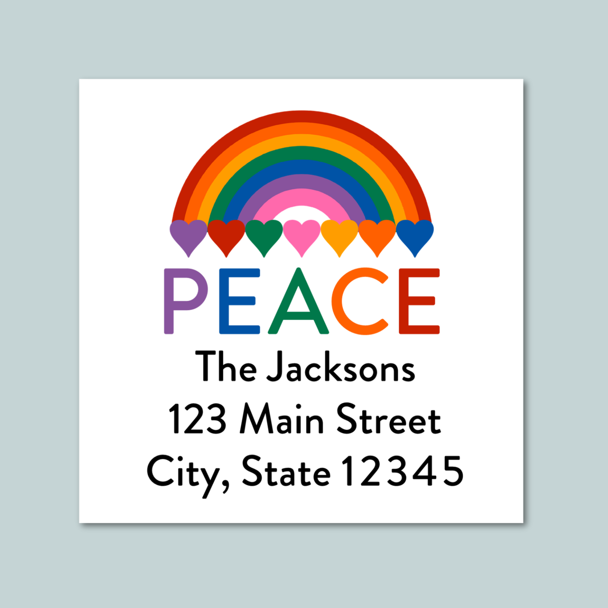 The image is a square-shaped postcard with a rainbow graphic and the word "PEACE" written in a colorful, stylized font.