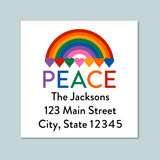 The image is a square-shaped postcard with a rainbow graphic and the word 
