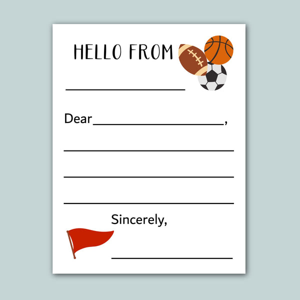 a blank letterhead with a sports ball and flag design, along with a message that reads "Hello from Sincerely".