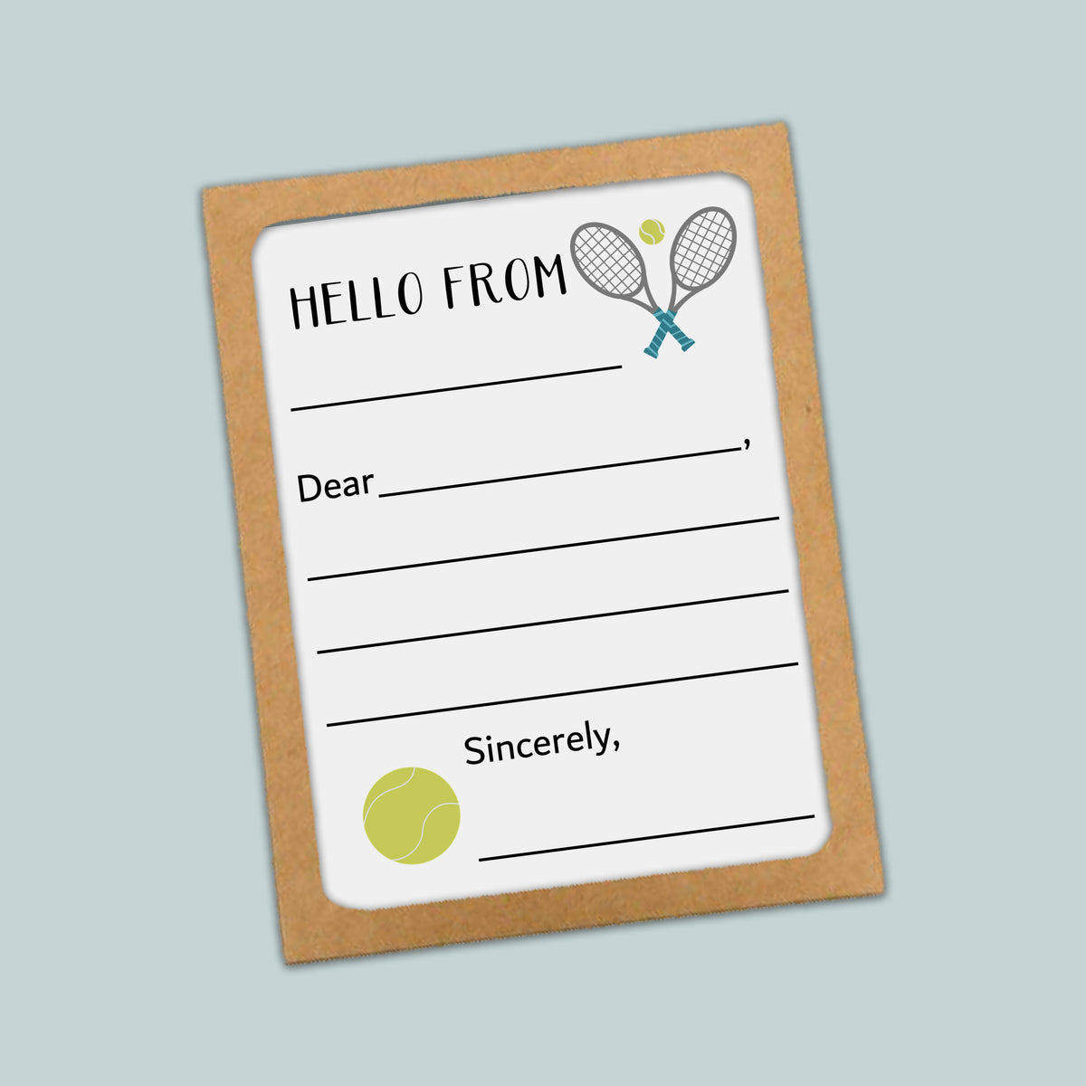 The image is a greeting card with a tennis racket and ball design, and it appears to be a letter or card addressed to someone named Dear.
