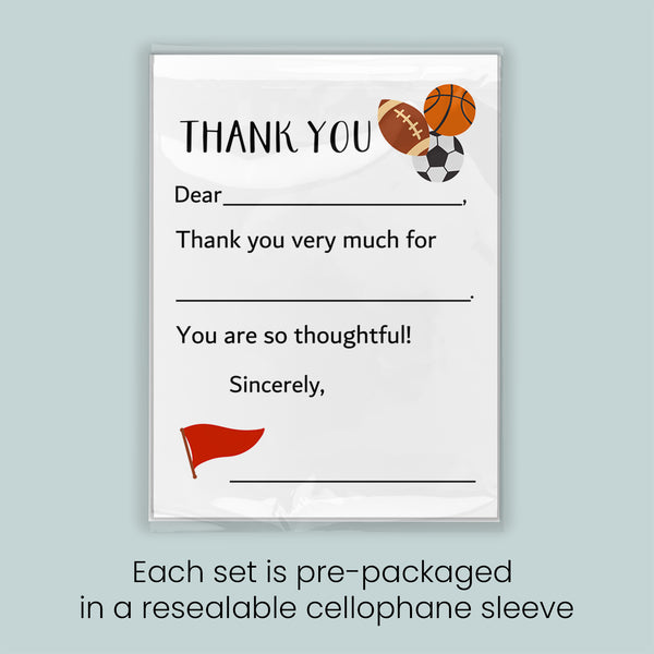 The image is a thank you card with a sports theme, featuring a basketball, soccer ball, and football. The card is pre-packaged in a resealable cellophane sleeve, and each set is pre-packaged in a resealable cellophane sleeve.