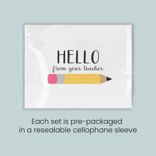 a greeting card with a pencil and the text "Hello from your teacher" printed on it. Each set is pre-packaged in a resealable cellophane sleeve.