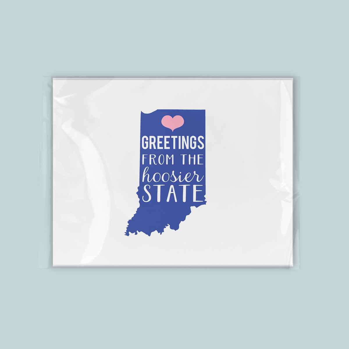 A graphic design featuring the silhouette of Indiana state with the text "Greetings from the Hoosier State" written in a stylized font.
