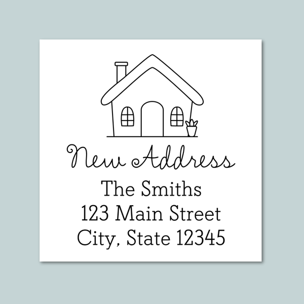 a simple line drawing of a house and the text "New Address" and "The Smiths 123 Main Street City, State 12345".