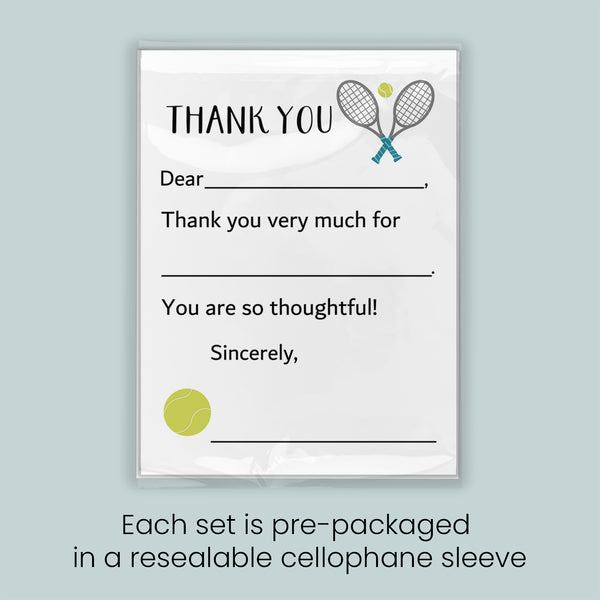 The image is a thank you card with a tennis racket and ball graphic, and it is pre-packaged in a resealable cellophane sleeve. Each set is pre-packaged in a resealable cellophane sleeve.