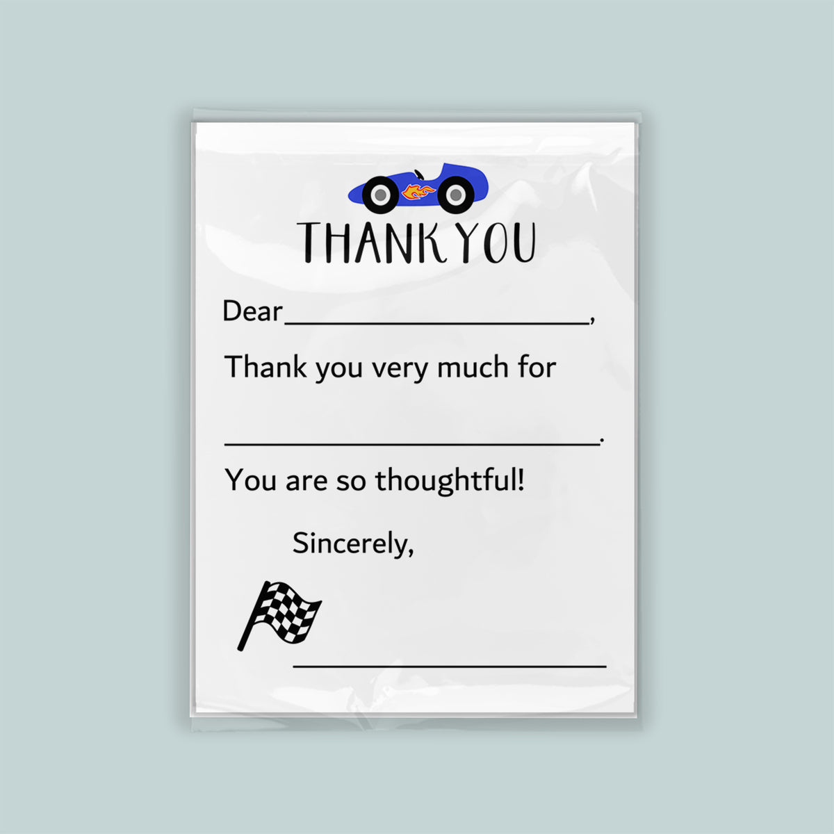 The image is a white card with a blue car and a checkered flag, along with a message expressing gratitude.