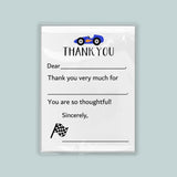 The image is a white card with a blue car and a checkered flag, along with a message expressing gratitude.