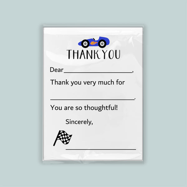 The image is a white card with a blue car and a checkered flag, along with a message expressing gratitude.