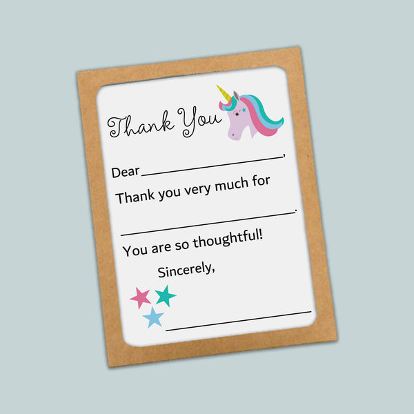 The image is a framed thank you card with a unicorn illustration and stars. The card has a blank space for a message and a blank space for a recipient's name.