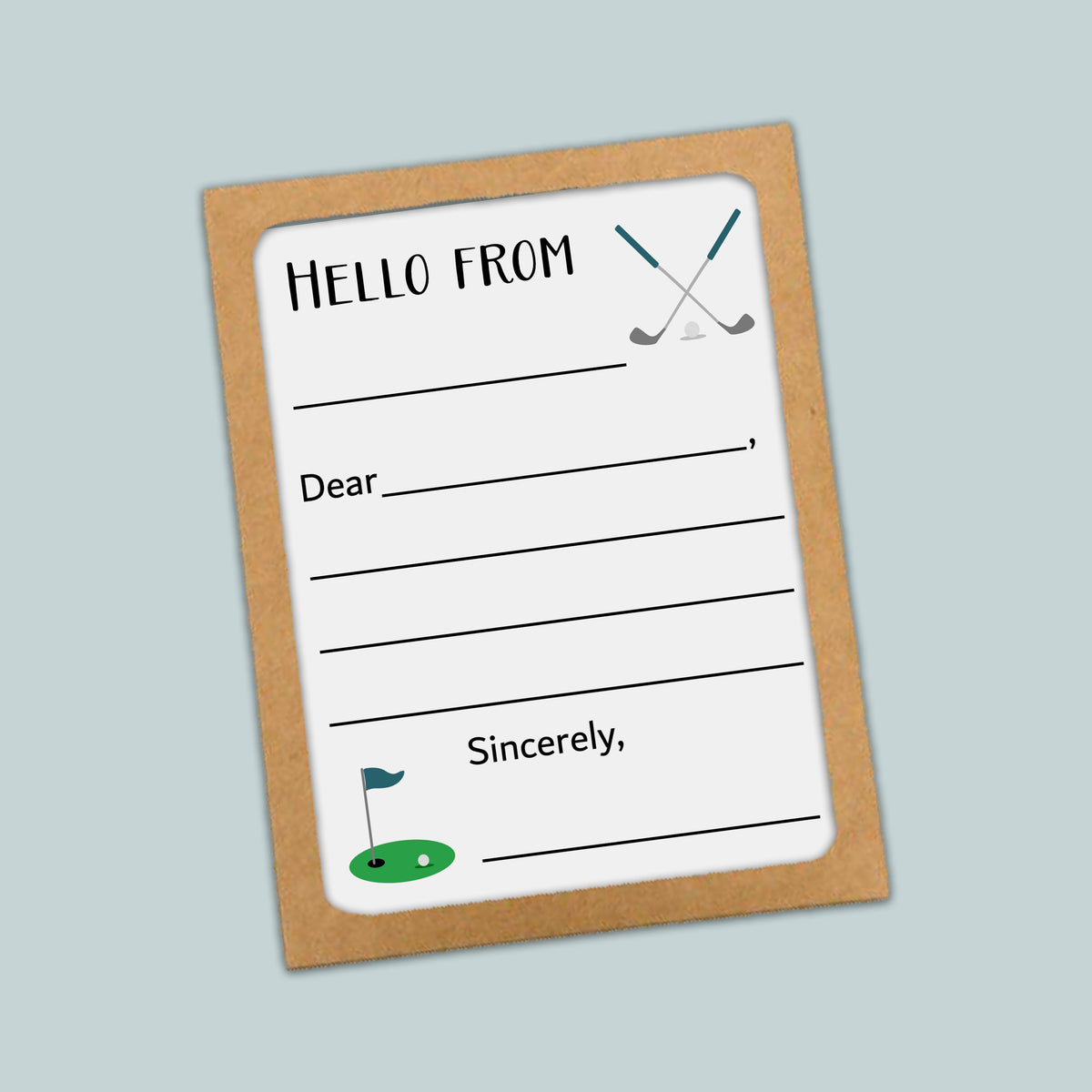 The image is a greeting card with a blank space for a message and a golf club graphic.