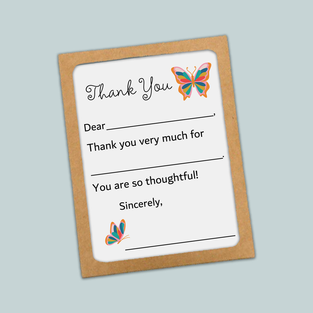 The image is a simple, handwritten thank you card with a butterfly design. The card has a blank space for the recipient's name and a message expressing gratitude.
