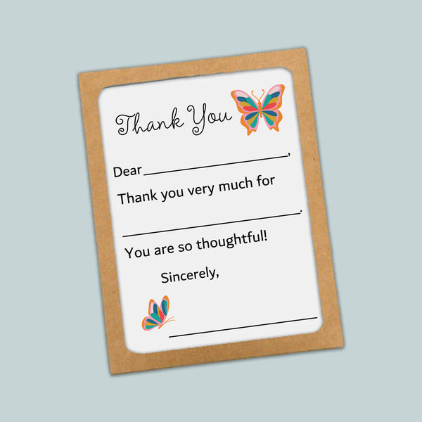 The image is a simple, handwritten thank you card with a butterfly design. The card has a blank space for the recipient's name and a message expressing gratitude.