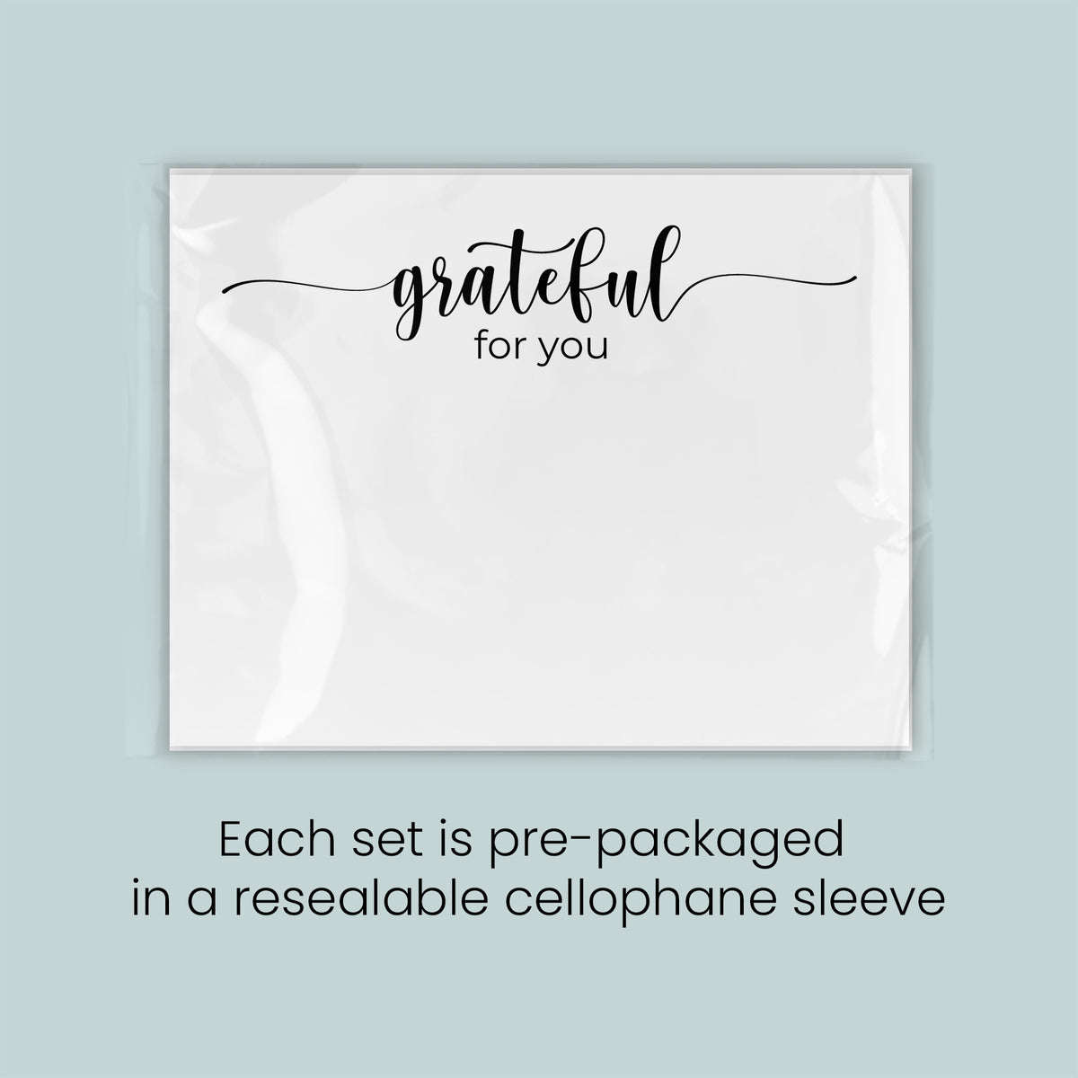 a set of pre-packaged items, each set in a resealable cellophane sleeve, with the text "grateful for you" written on the front of the items.