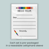 The image is a pre-packaged greeting card set that includes a blank card with a pencil and a rainbow-colored pencil, along with a note that reads 