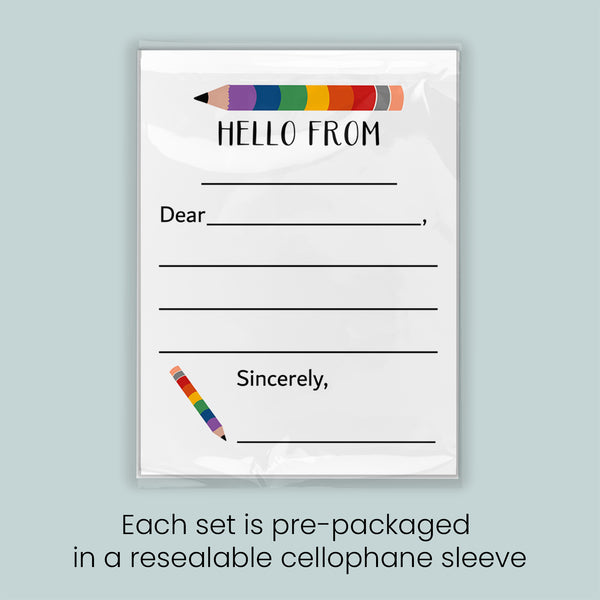 The image is a pre-packaged greeting card set that includes a blank card with a pencil and a rainbow-colored pencil, along with a note that reads "Hello from Sincerely". Each set is pre-packaged in a resealable cellophane sleeve.