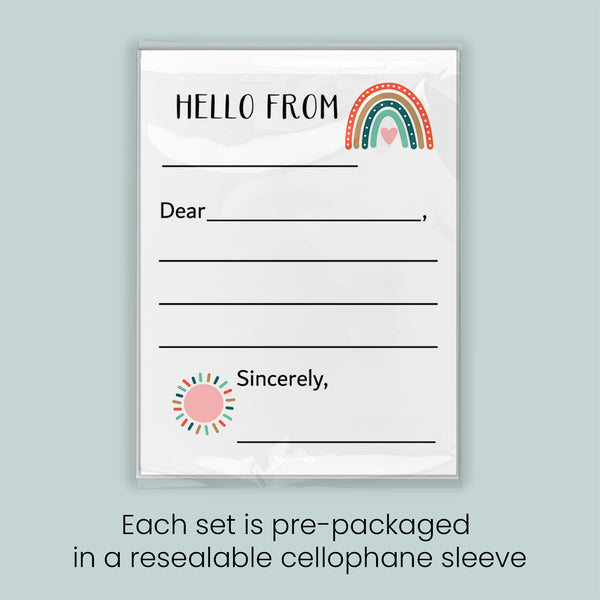 The image is a greeting card with a rainbow design and a blank space for a message. Each set is pre-packaged in a resealable cellophane sleeve.
