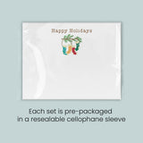 A white greeting card with a festive holiday design, including a stocking and a pine branch. The card is pre-packaged in a reesealable cellophane sleeve.