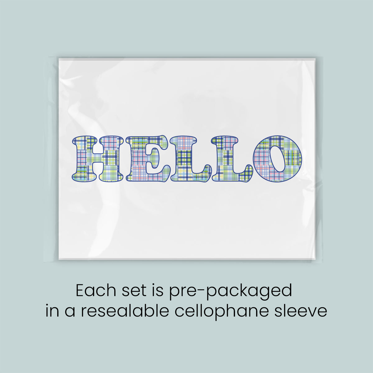 a pre-packaged set of greeting cards with the word "HELLO" printed on them in a cellophane sleeve. Each set is pre-packaged in a resealable cellophane sleeve.