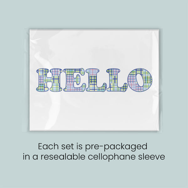 a pre-packaged set of greeting cards with the word "HELLO" printed on them in a cellophane sleeve. Each set is pre-packaged in a resealable cellophane sleeve.