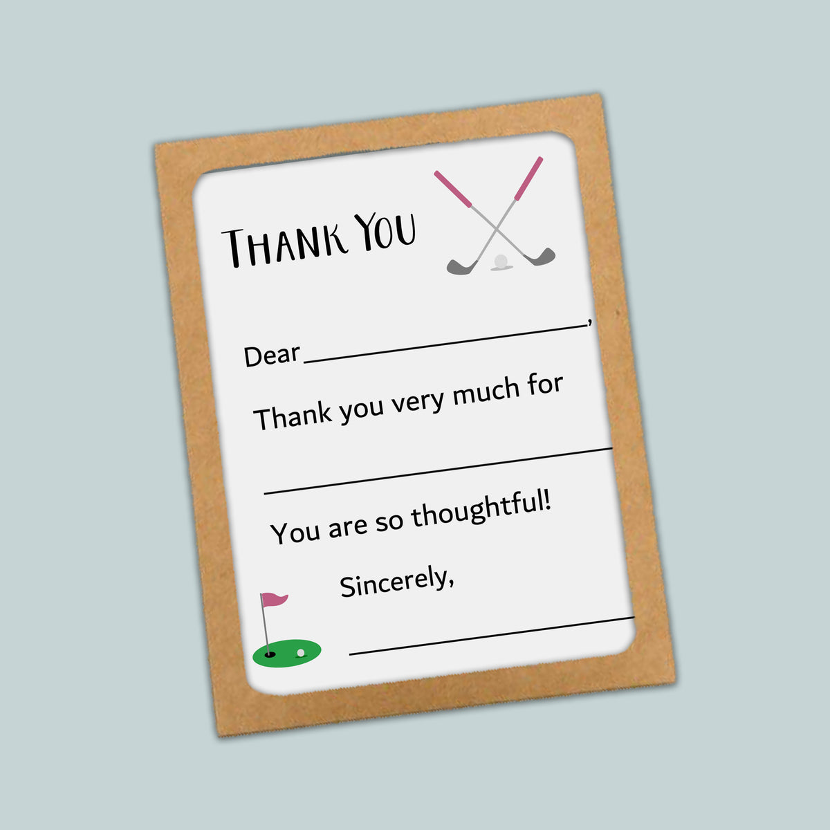 The image is a thank you card with a golf-themed design, including a golf club and a flag. The card has a blank space for a message and a blank space for a recipient's name.