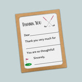 The image is a thank you card with a golf-themed design, including a golf club and a flag. The card has a blank space for a message and a blank space for a recipient's name.