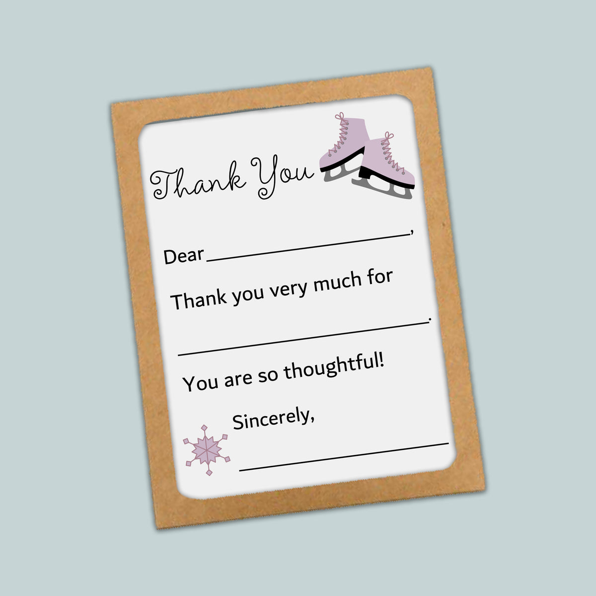 The image is a brown card with a white background, featuring a pair of purple skates and a snowflake design. The card has a message that reads "Thank you very much for" followed by "You are so thoughtful!" The skates and snowflake are placed at the top right corner of the card.