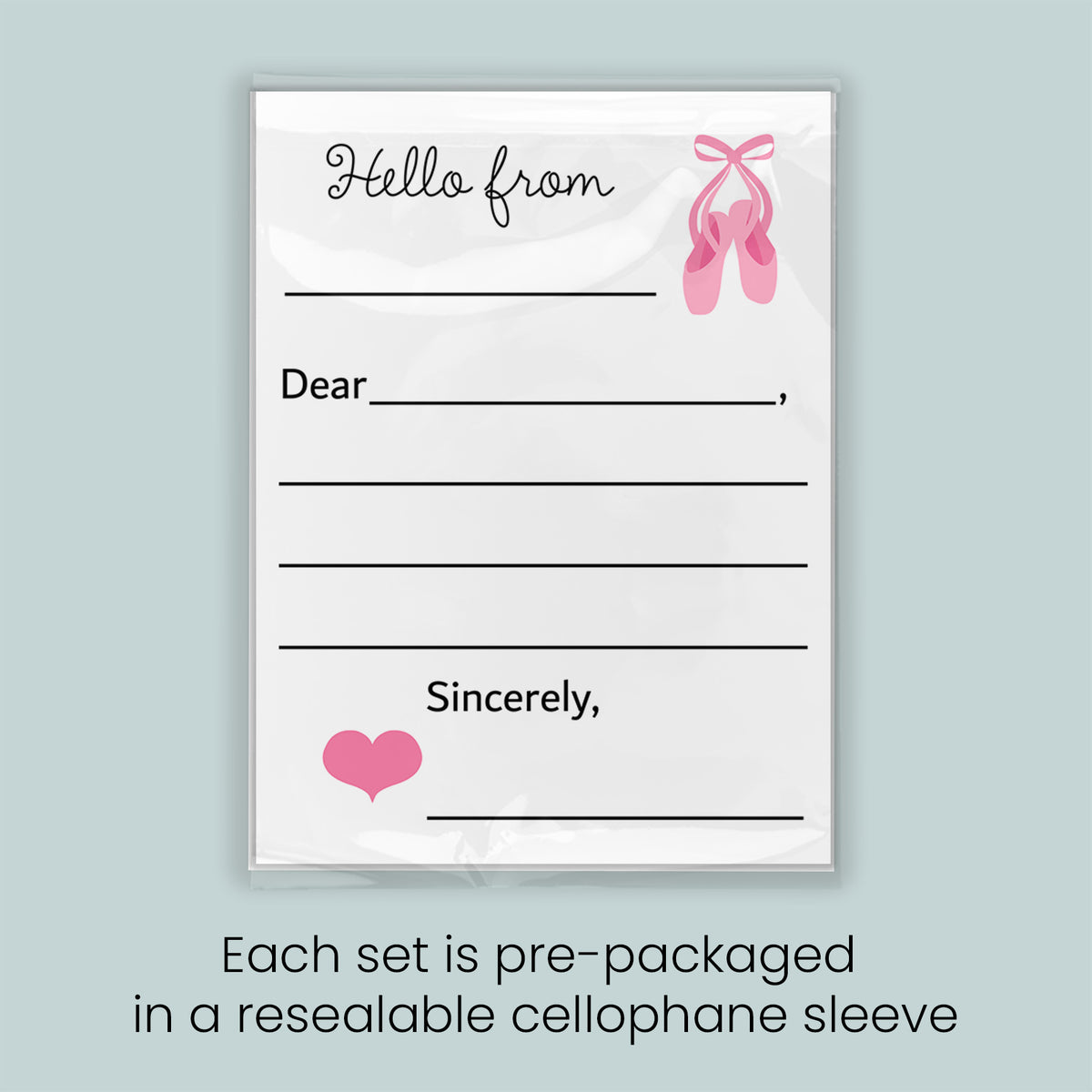 The image is a pre-packaged letter set, each set is pre-packaged in a resealable cellulophone sleeve.
