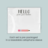 The image is a greeting card with a pencil on it, and it is pre-packaged in a resealable cellophane sleeve. Each set is pre-packaged in a resealable cellophane sleeve.