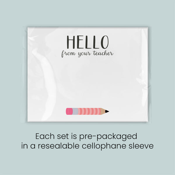 The image is a greeting card with a pencil on it, and it is pre-packaged in a resealable cellophane sleeve. Each set is pre-packaged in a resealable cellophane sleeve.