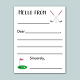 The image is a blank greeting card with a golf hole and two crossed golf clubs as the main design elements. The card has a blank space for a message and a blank space for a signature.