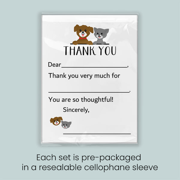 The image is a thank you card with a dog and a cat illustration, and it is pre-packaged in a resealable cellophane sleeve. Each set is pre-packaged in a resealable cellophane sleeve.