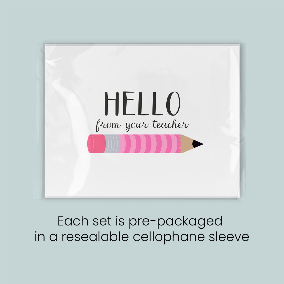 a set of pre-packaged greeting cards with a pink pencil graphic, each set packaged in a resealable cellophane sleeve.