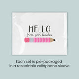 a set of pre-packaged greeting cards with a pink pencil graphic, each set packaged in a resealable cellophane sleeve.