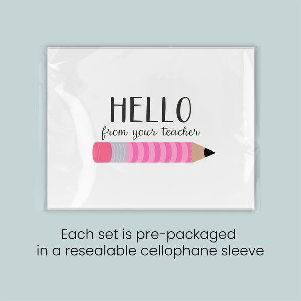a set of pre-packaged greeting cards with a pink pencil graphic, each set packaged in a resealable cellophane sleeve.
